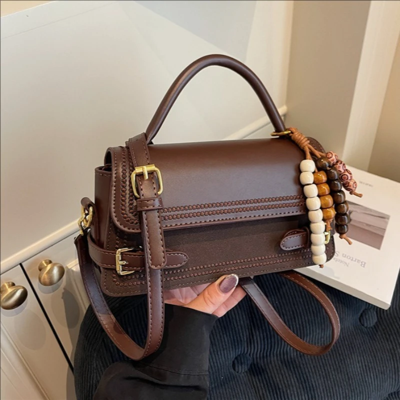 Women Burgundy Leather Top Handle Handbag with Beaded Charm Retro Buckle Shoulder Tote Bag Gold Hardware Casual Daily Purse