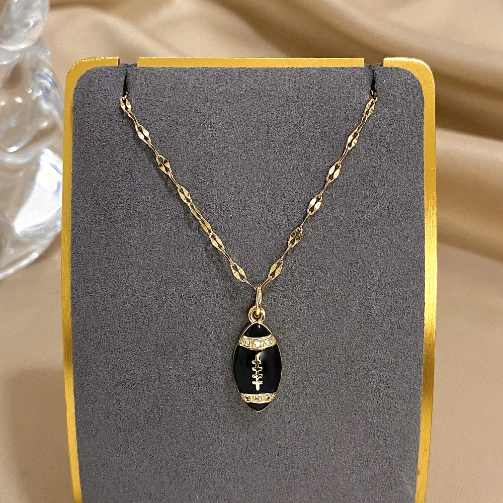 Trendy Sports Gold Plated Stainless Steel White Rugby Ball Necklace for Women Fashion Statement Thin Chain Neck Jewelry Party