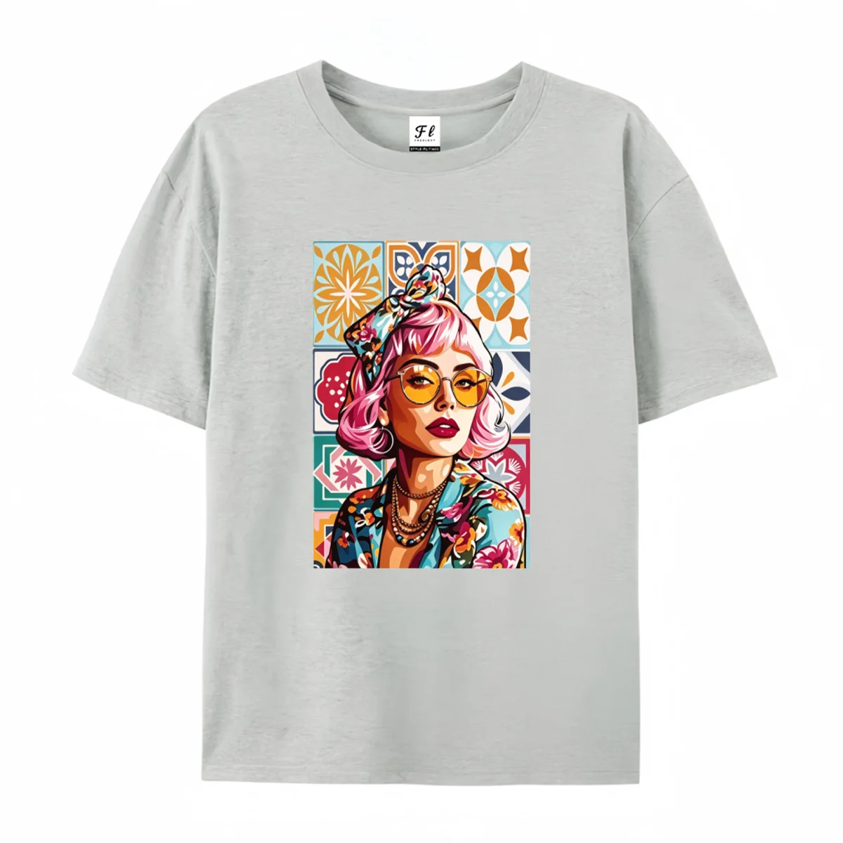 Women Pop Art Lady Portrait Graphic T Shirt Casual Short Sleeve Tee Colorful Geometric Tile Background Print Loose Soft Cotton