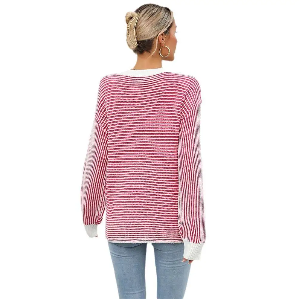 2025年春 レディース クルーネック プルオーバー ストライプニットセーター カラーブロデザイン おしゃれ カジュアル スリーブ ラウンドネックトップ