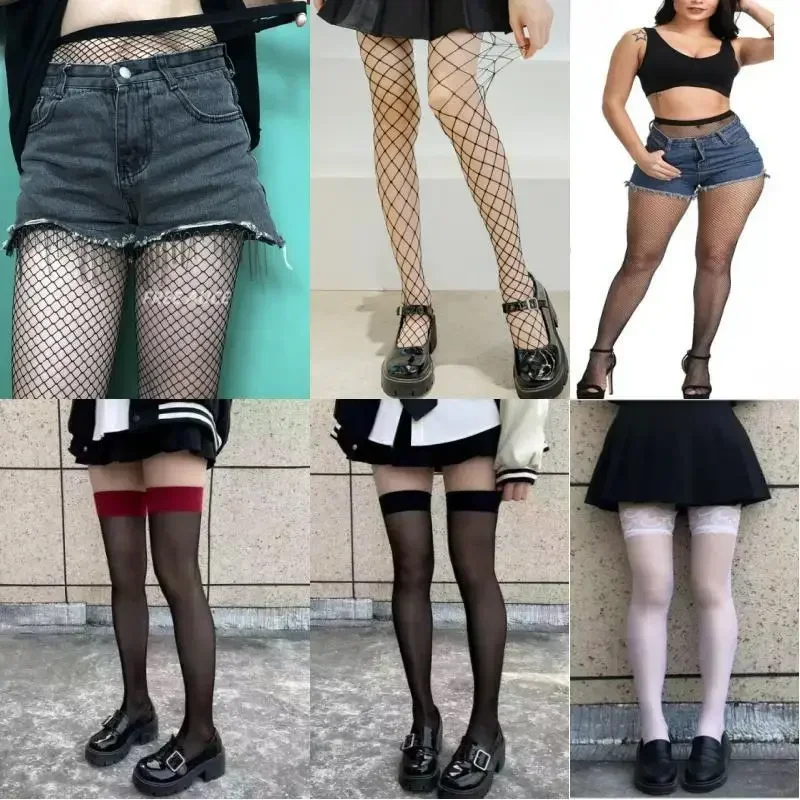 Plus Size JK Costumes Women Sexy Thigh High Fishnet Stockings Lolita Girls Over Knee Red Wide Edge Long High Socks