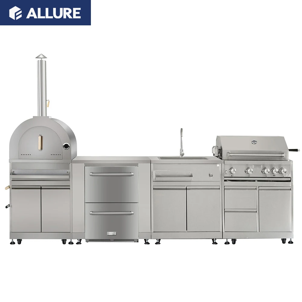 Allure, isla de organización moderna personalizada inteligente, gabinetes de cocina de Metal para barbacoa al aire libre, impermeables, de acero inoxidable de alto brillo