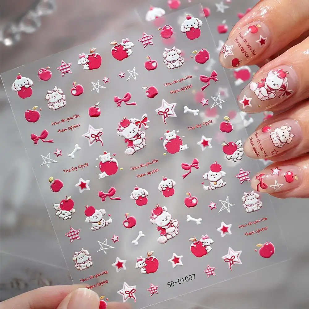 1Pcs Cartoon Red Apple Bow Puppy Nail Stickers Y2K Checkered Star Self Adhesive Nails Decal Sweet Daily DIY Manicure Salon Decor