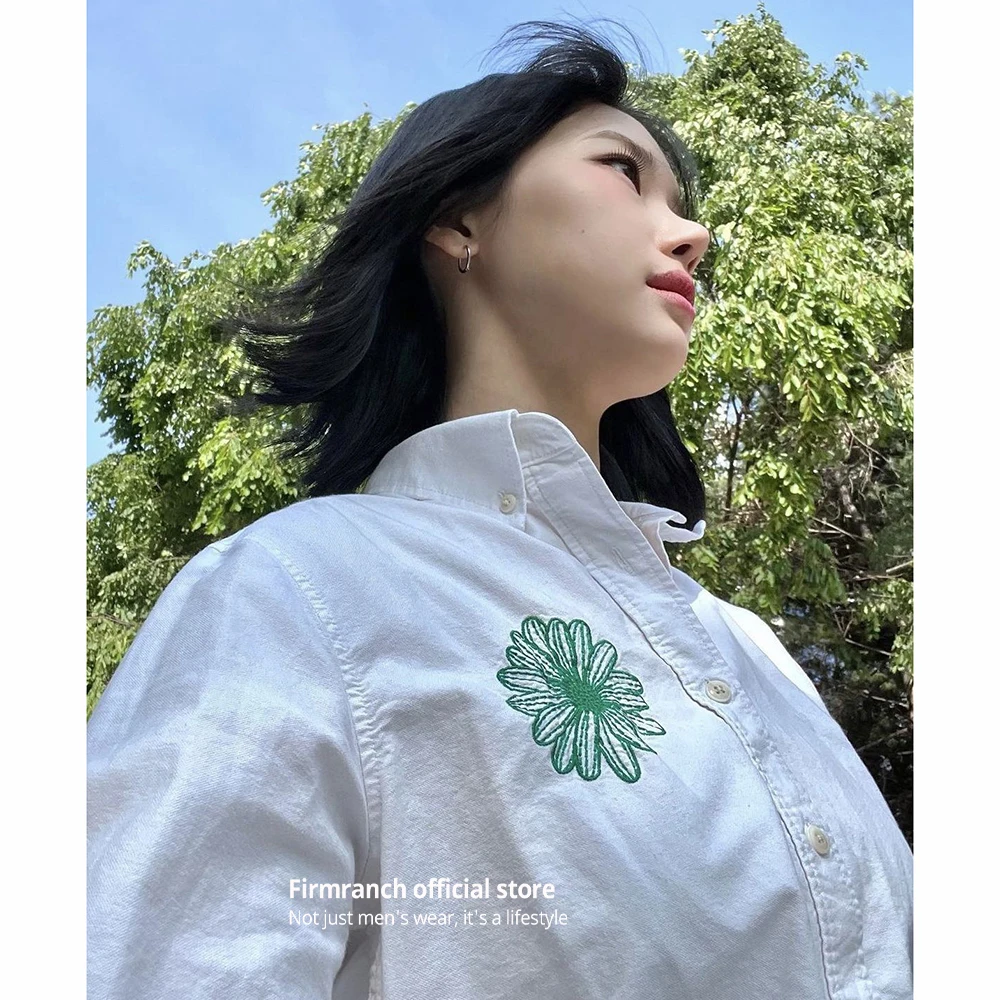 Firmranch New Daisy Embroidered Shirt White Color Loose Casual Button-down Blouse Women Top Elegant Casual Wear Spring Autumn