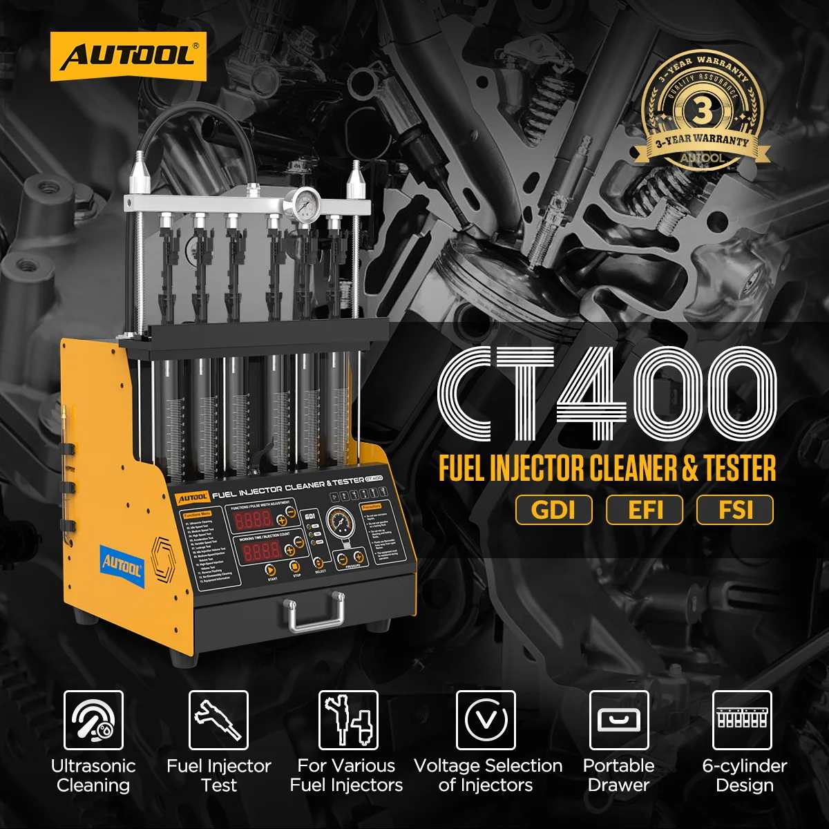 

AUTOOL CT400 110/220V GDI Fuel Injector Cleaner&Tester Machine 6-cylinder Design For Various Fuel Injectors Ultrasonic Cleaning