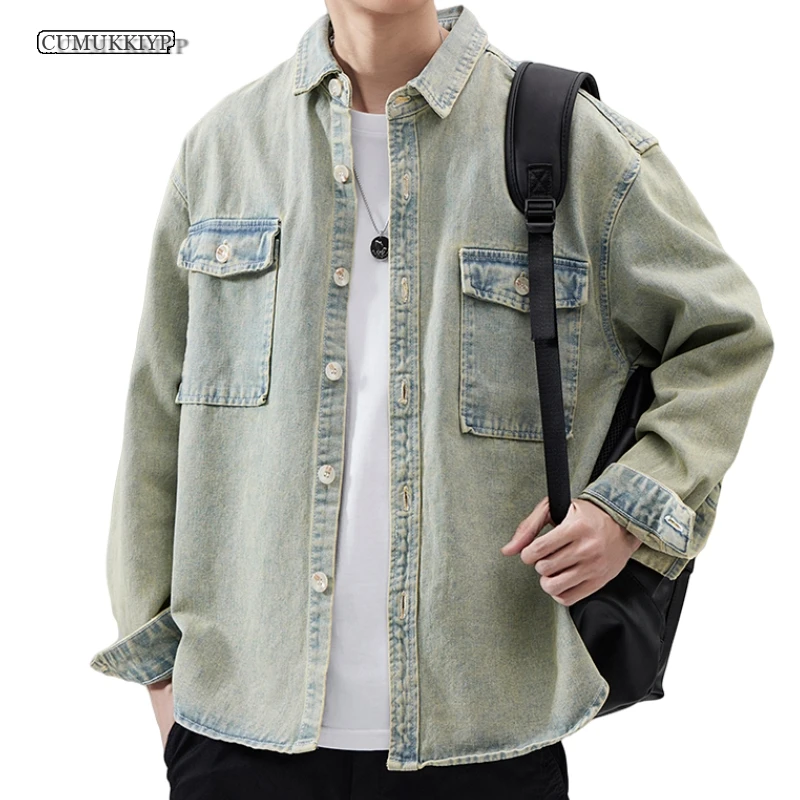 

Loose-Fit Mud Yellow Denim Jacket for Men 2023 Autumn Outdoor Male Cargo Harajuku Streetwear Fashion Clothes Functional Coat