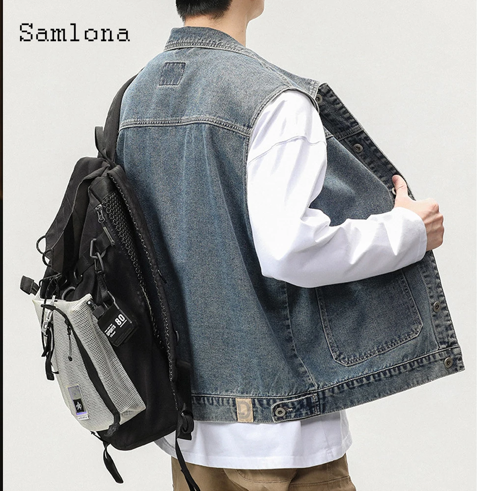 2025 Autumn Fashion Sleeveless Notched Denim Vest Jackets Plus Size Mens Basic Denim Top Vintage Stand Pocket Jean Outerwear New