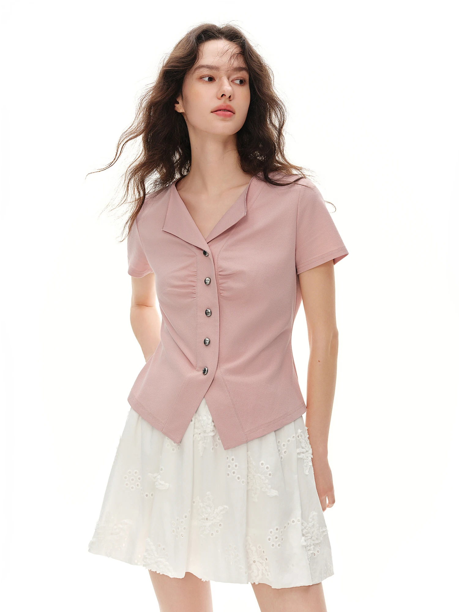 DUSHU Women's 2026 Summer New Lapel Button Front T-Shirt Intellectual European Style Short Sleeve Top Figure-Friendly Multi-Size