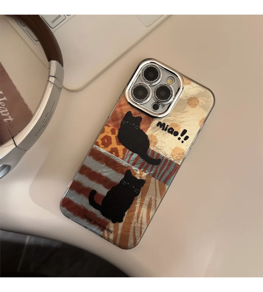 Foil Texture Spliced Black Cat Print Electroplated Lens Phone Case For Iphone 12 13 14 15 16 17 Rhinestone Lens Frame Shell