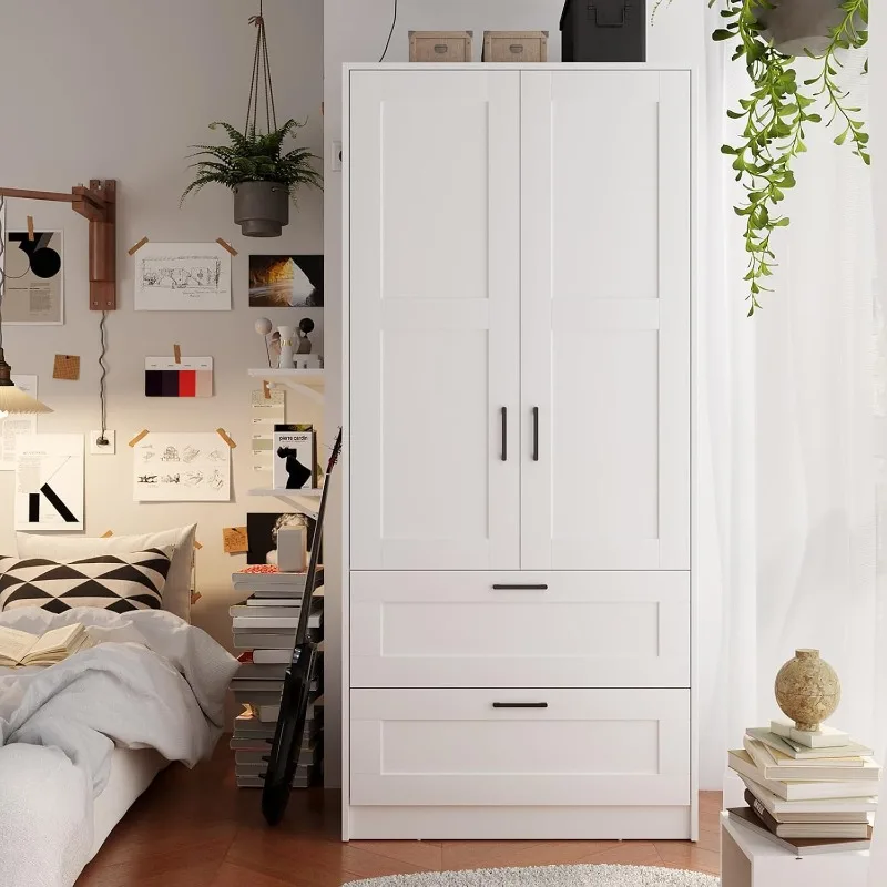Armadio guardaroba in legno bianco con 2 ante e 2 cassetti, armadio portaoggetti armadio indipendente per camera da letto con ripiani, armadio in legno