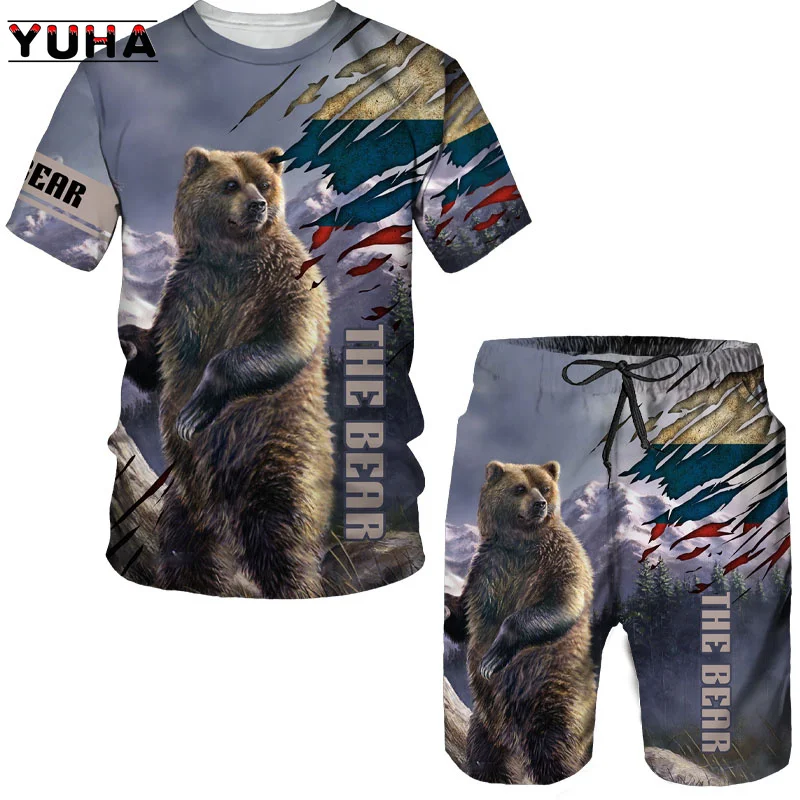 YUHA, Summer  Bear 3D Printed Men's T-shirt Shorts Set Men's Sportswear Tracksuit O Neck Short Sleeve Men's Clothing Suit