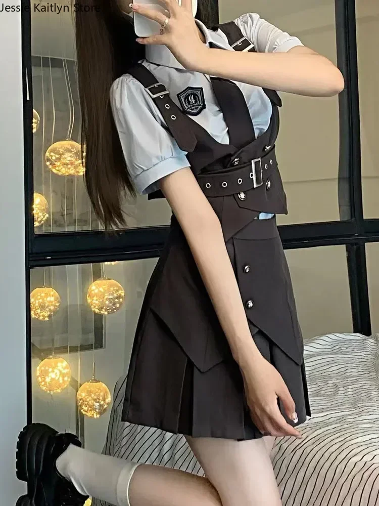 2023 Kawaii otoño japonés coreano chica moda Mini camisa lindo uniforme mujeres plisado y conjunto chaleco escuela de animadora