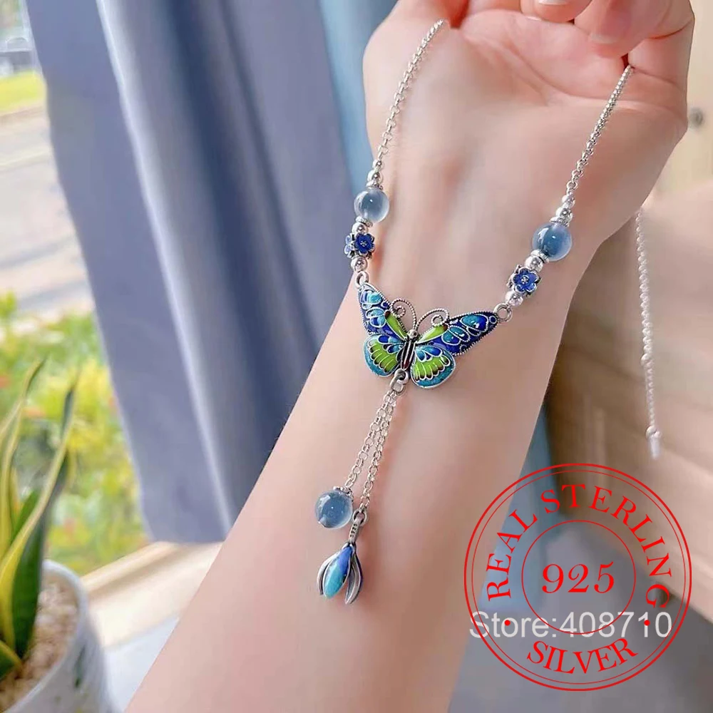 925 Sterling Silver Jewelry Enamel Butterfly Tassel Flower Bohemian Necklace Pendant for Women Wedding Party Jewelry Gift