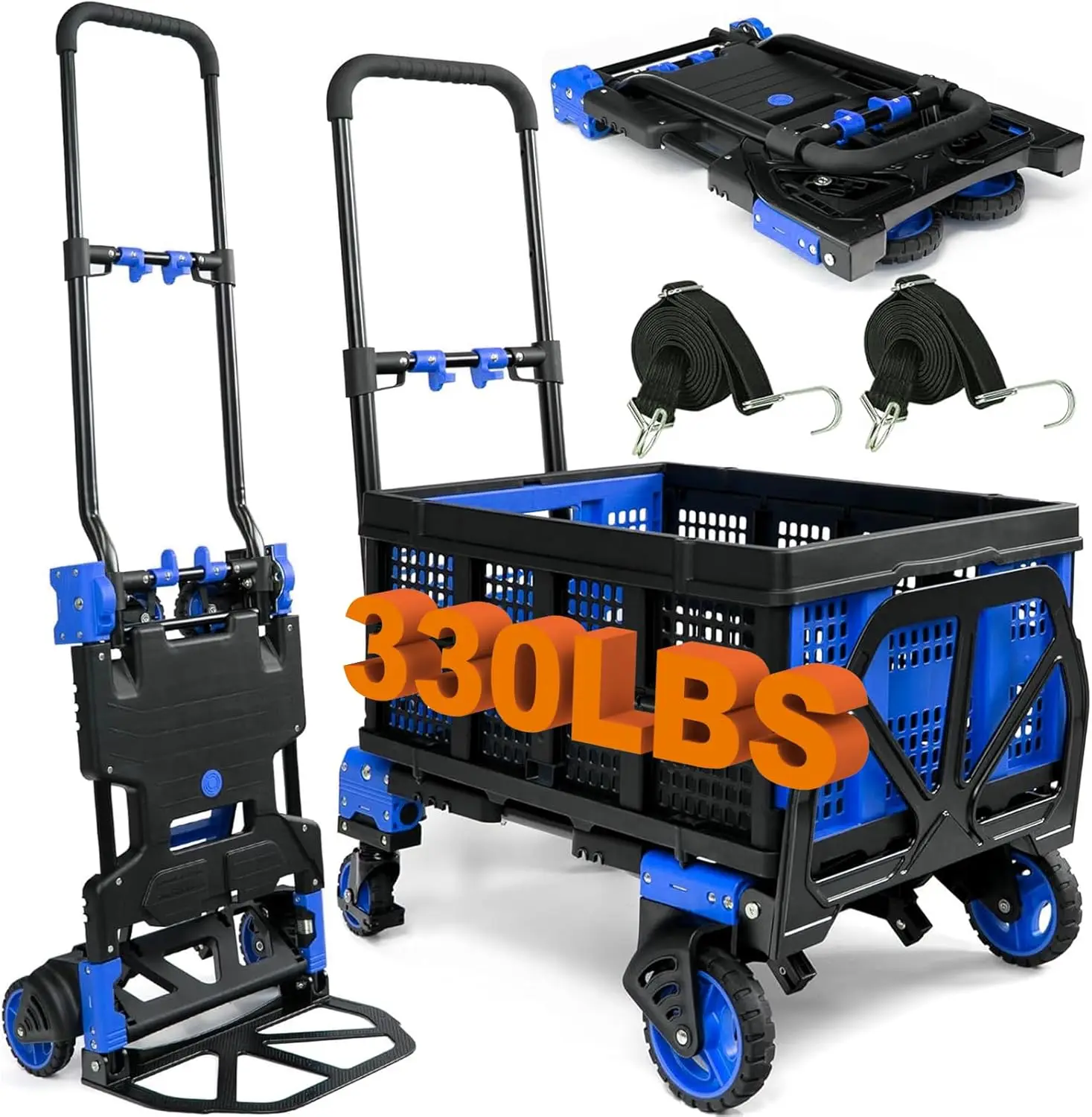 

2-in-1 Folding Hand Truck with Basket, Retractable Handle, 330LBS Capacity Heavy Duty Dolly Cart for Luggage Moving Travel