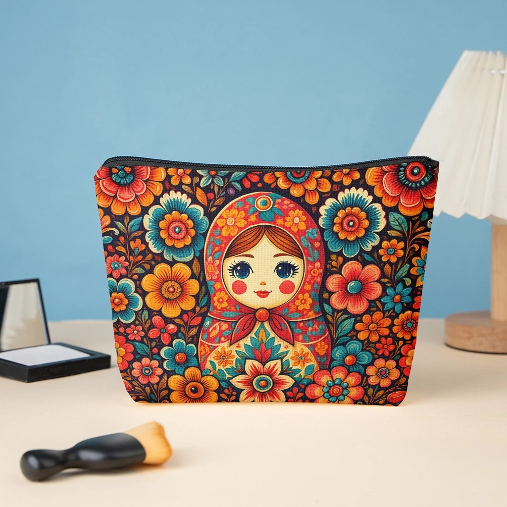 Russian Nesting Doll Flower Background, Stylish Zippered Wallet, Work Snack Bag, Skin Care Product Storage Bag