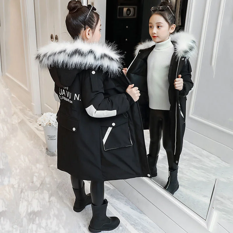 Parkas Wadded Jackets Thick Girls Warm Long Winter Coat 2023 New Fashion Fur Collar Letters Solid Kids Teenager Clothes 120-160