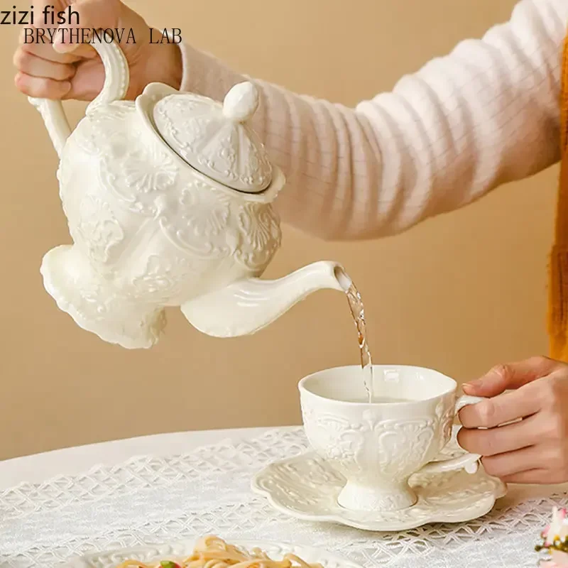 Ceramic Relief Teapot Afternoon Tea Cup Dish Set Household Dessert Snack Plate Plate High Leg Cake Tea Set Household Goods