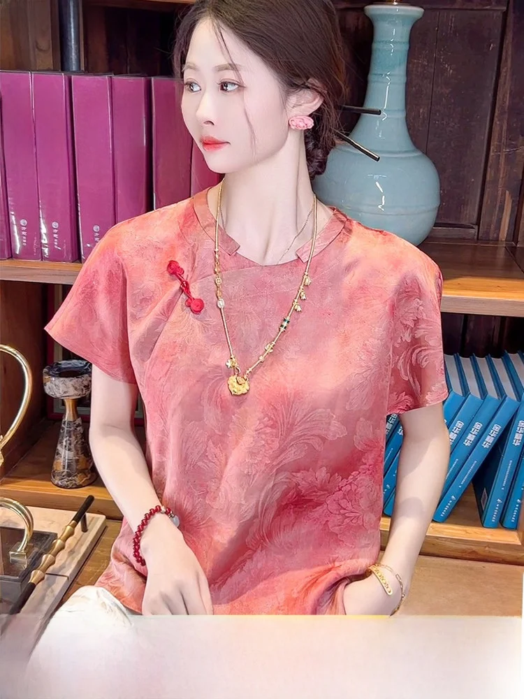 

Новый китайский шелковый топ для женщин, белый, с коротким рукавом, летний, тонкий, охлаждающий, свободного кроя, с круглым вырезом, с принтом.