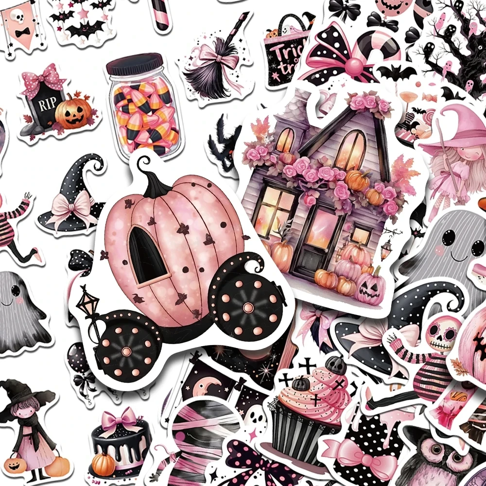 50 قطعة من ملصقات الهالوين اللطيفة باللونين الأسود والوردي لأجهزة الكمبيوتر المحمول وزجاجة الثلاجة وملصقات جرافيتي كرتونية ذاتية الصنع وهدايا المهرجانات