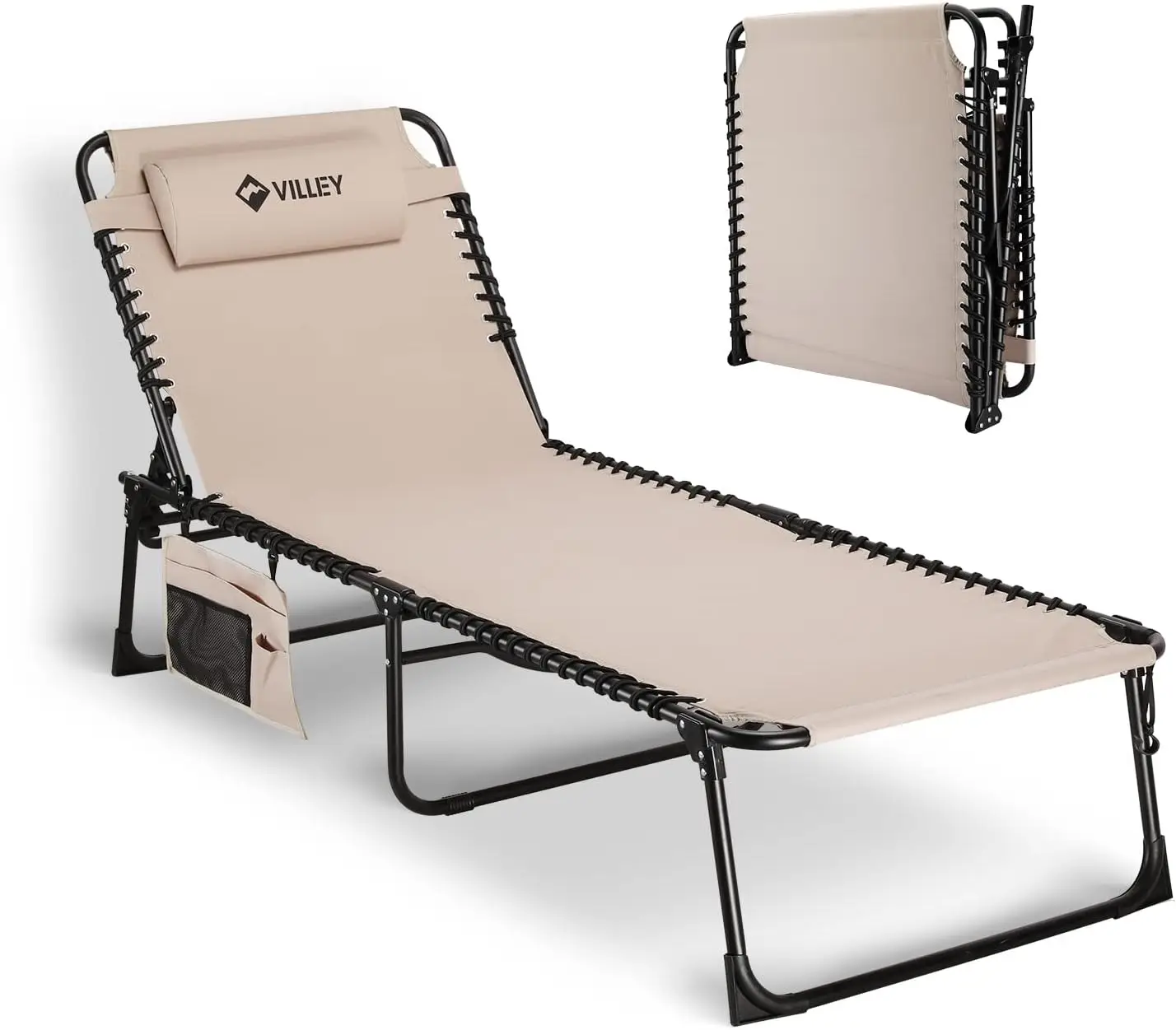 ^Oversized Chaise Lounge Chair, Folding Outdoor Lounger, Beige | 5 Reclining Positions, Heavy-Duty Frame, Trifold Design, Easy