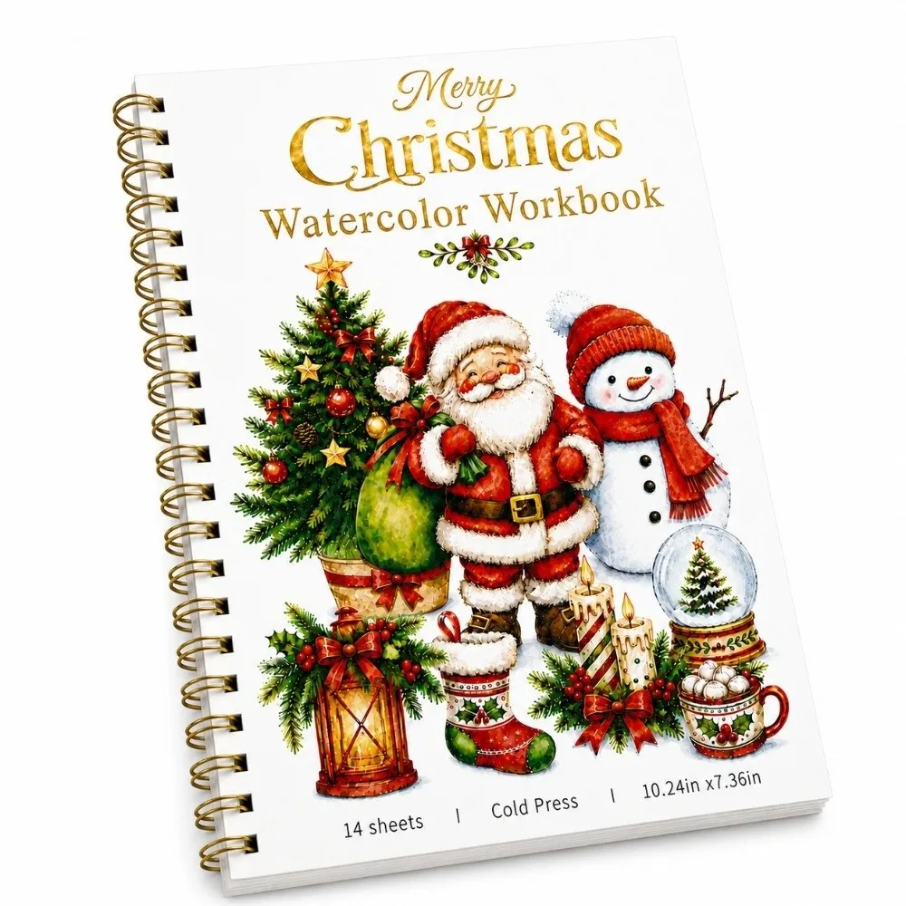 Christmas Themed Christmas Watercolor Workbook Gold Foil Cover with Line Drawing Christmas Watercolor Sketchbook Spiral Bound