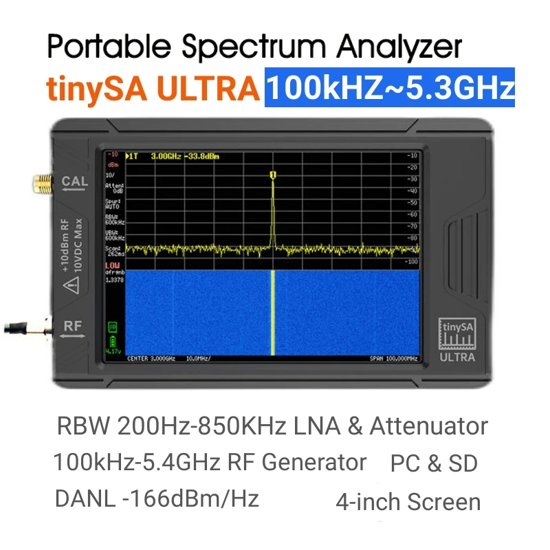 TinySA-analizador de espectro ULTRA Original, generador de señal de alta frecuencia de 4 pulgadas con pantalla táctil, 100k-5,3 GHz, 200Hz-850kHz, RBW