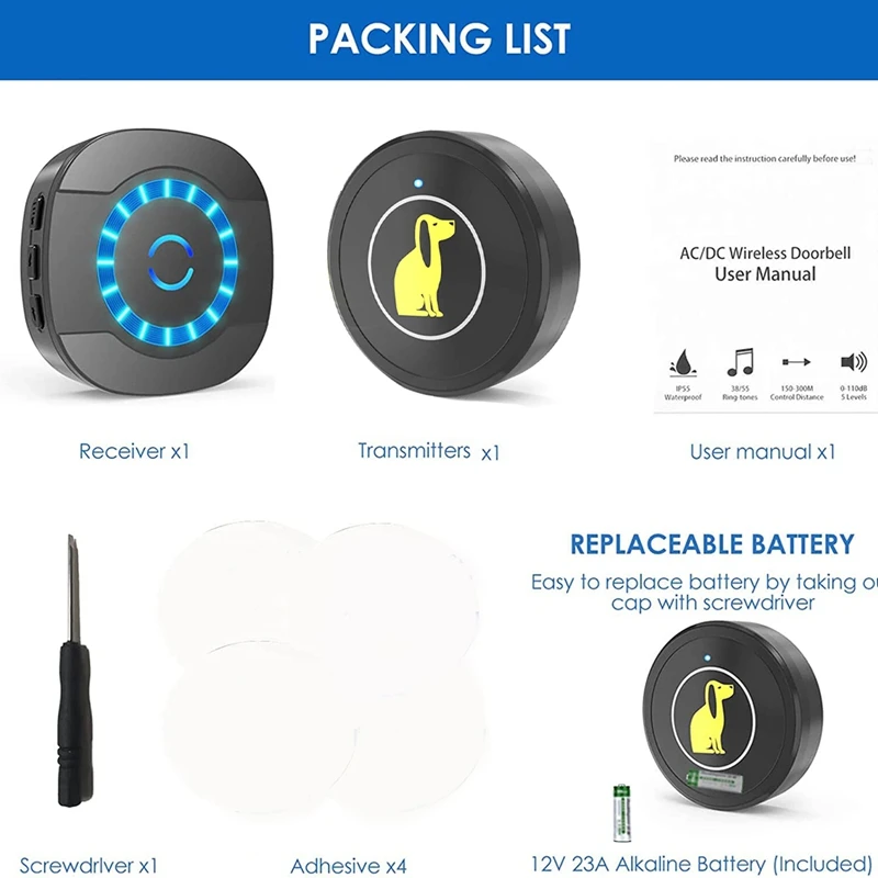 Дверной звонок для собак, приучение к горшку, водонепроницаемый, сверхлегкий, сенсорный, беспроводной дверной звонок для собак, 5 мелодий, 5 уровней громкости, вилка стандарта США