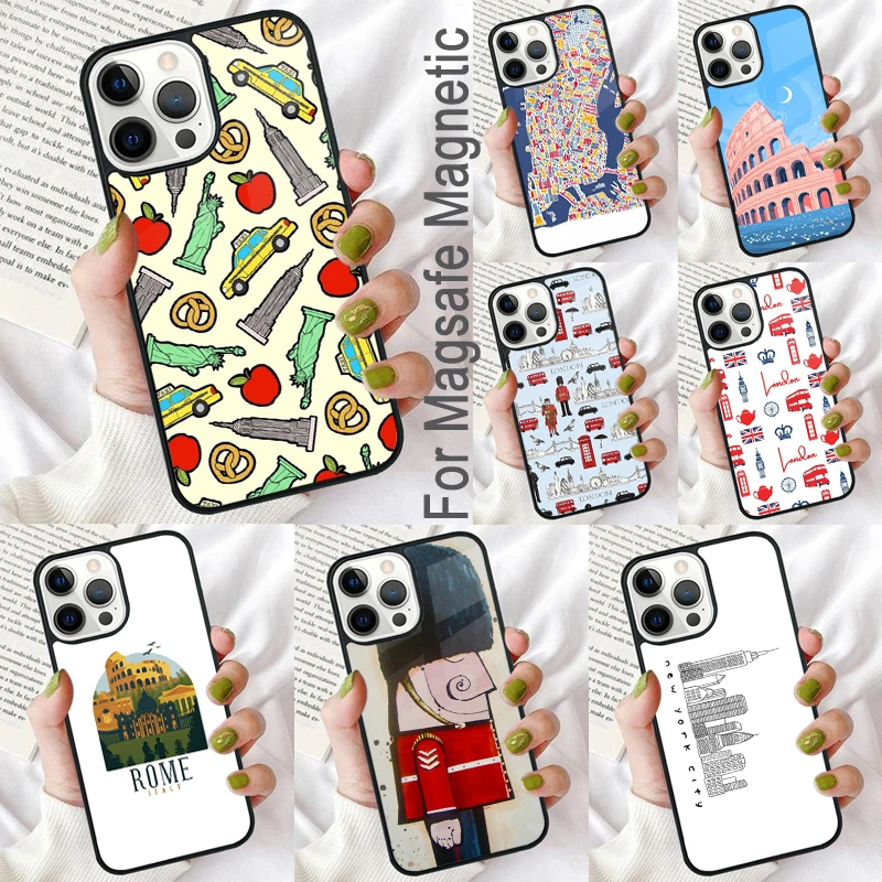 London Roma New York Countries Art Magnetic Soft Phone Case for iPhone 16 Promax 15 Pro 13 14 Plus 11 12 Mini MagSafe Coque