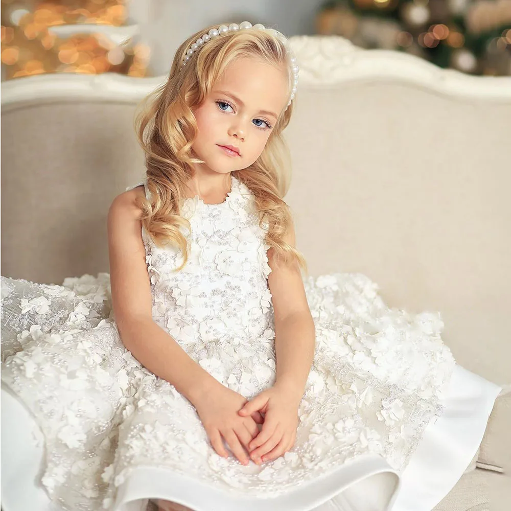 Ivory Flower Girl Dress For Wedding Sleeveless 3d Applique Mini Puffy Kid Birthday Princess Dress First Communion Ball Gowns