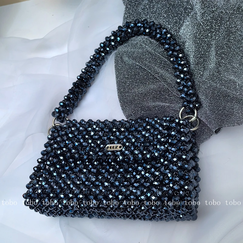 Black Crystal Bead Woven Cosmetic Bag for Makeup Evening Party Bags for Women Summer Casual Large Capacity Shoulder Bags