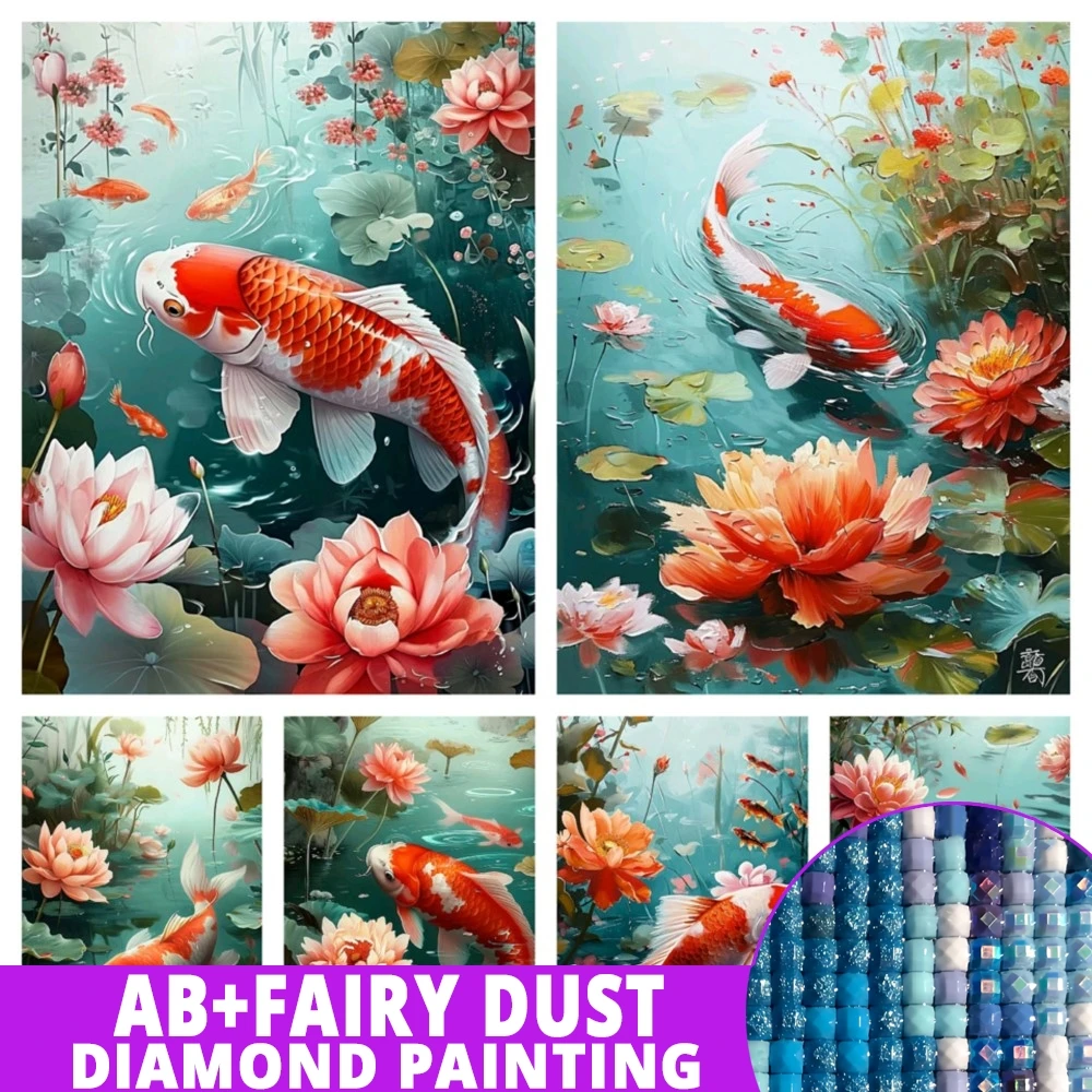 Fairy Dust AB 5D DIY Diamond Painting New 2024 Koi Fish Full Diamond Mosaic Animal Lotus Embroidery Kit Rhinestone Home Decor