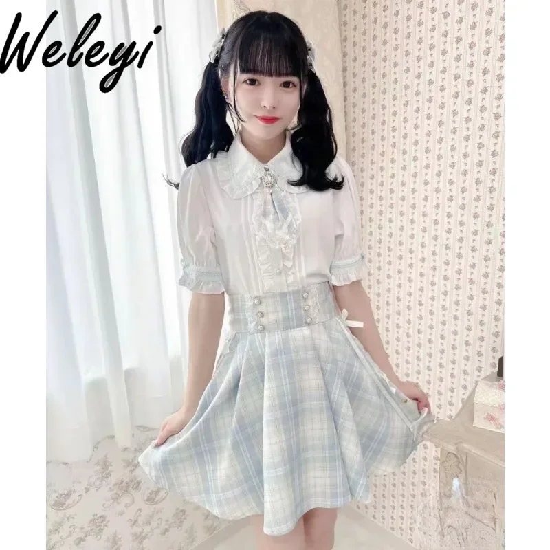 Jirai Kei Clothes Ropa De Mujer Tie Bow Shirts Kawaii Tops Y2k Skirt Summer New in Japanese Fashion Love Student Jk Uniform Suit