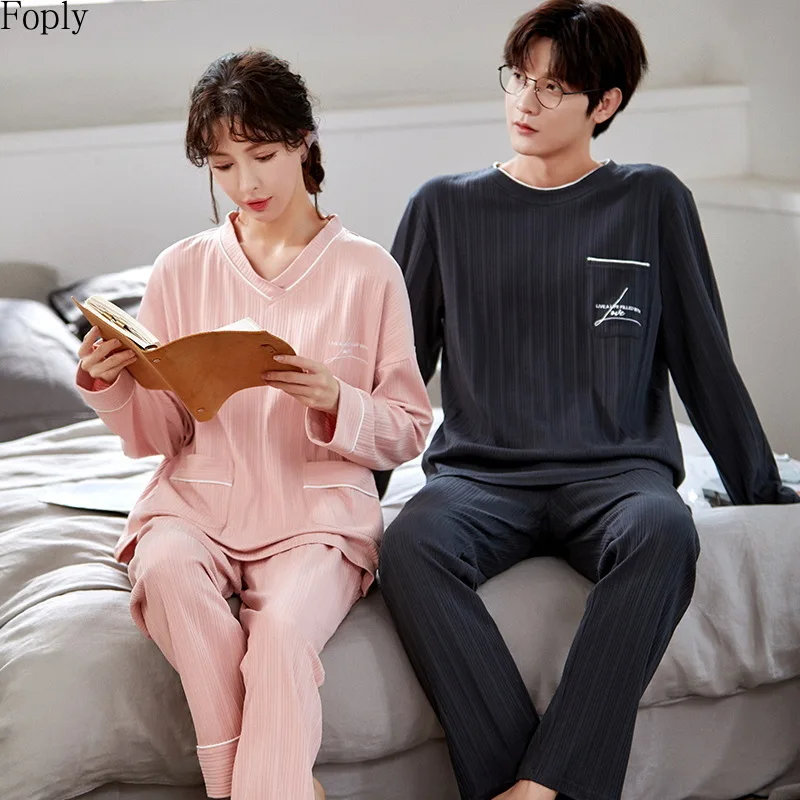 Couple Pajamas Set 100% Cotton Autumn Long Sleeves Pnats Home Suit Cartoon Lovers Sleepwear Comfortable Two-piece Female Pajamas