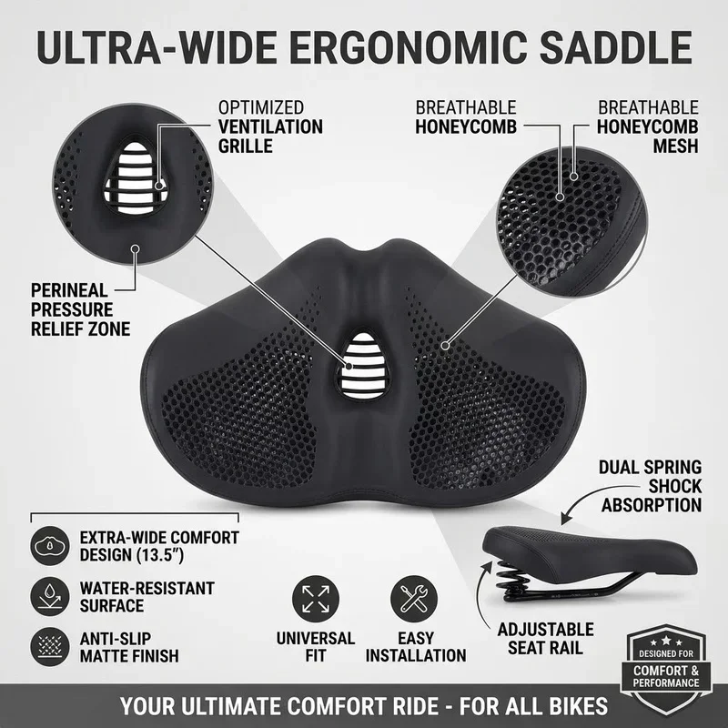 Stocking Stuffers Christmas Gift Oversized Noseless Bicycle Seat Cushion High Elastic Comfort Wide Saddle Replacement Men Women