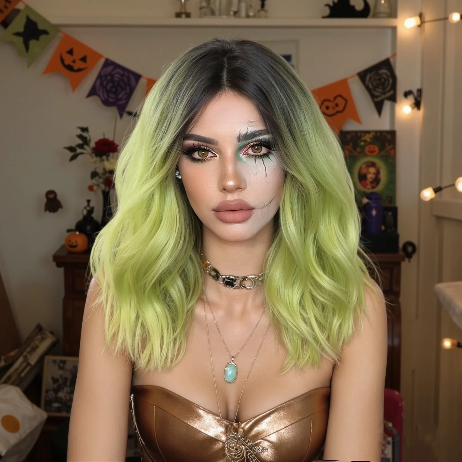 

EASIHAIR Synthetic Wigs for Halloween Ombre Green Wavy Cosplay Hair Short Middle Part Wigs Natural Wave Heat Resistant Wig Party