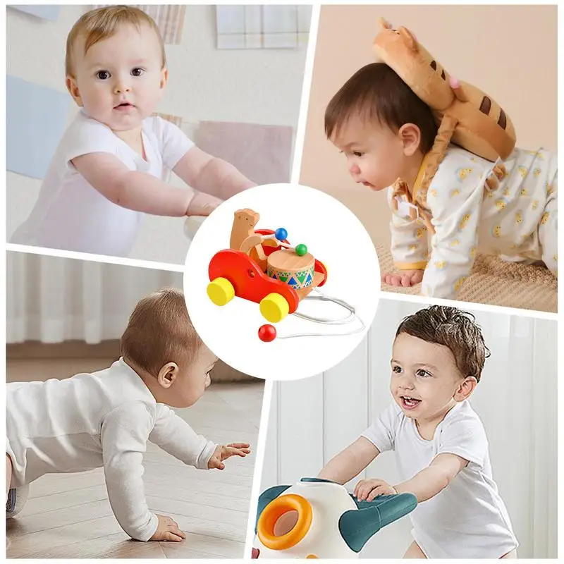 Push & Pull Toys Ręcznie robiony drewniany samochód Zabawkowy samochód Bęben Projekt Push & Pull Zabawki Samochód wyścigowy Bezpieczne zaokrąglone krawędzie do wnętrz na zewnątrz