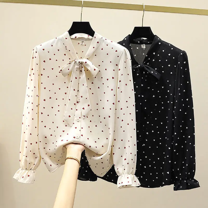 

Women Clothing Korean Chiffon Floral Blouse Spring Autumn New Polka Dot Bow All-match Youth Office Shirt Tops Elegant Fashion