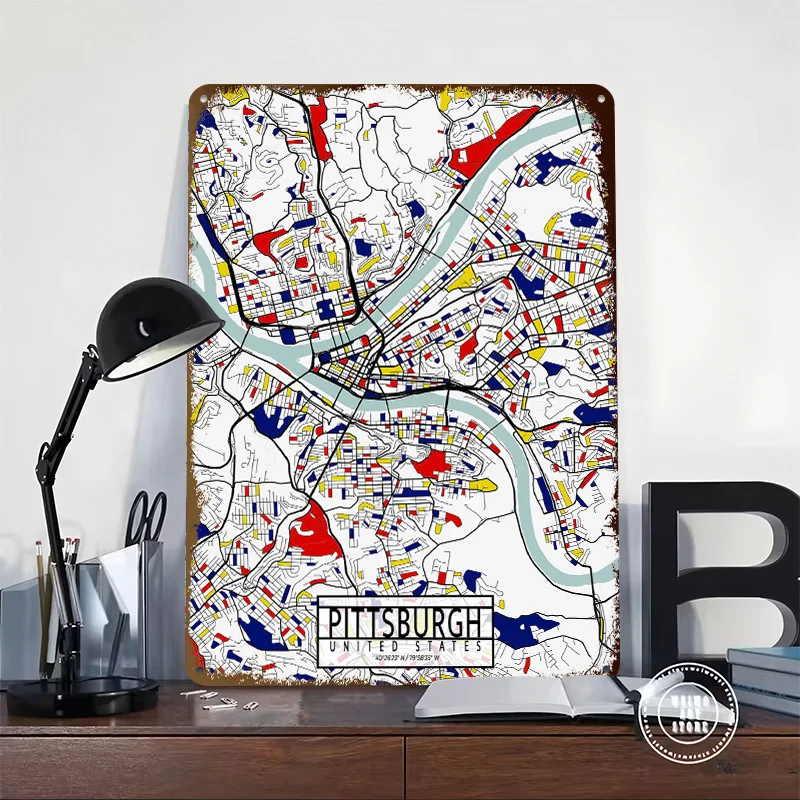 Pittsburgh Map Mondrian 3D Printed Texture Poster Personalized Wall Art Retro Metal Tin Signs for Room Accessories Vintage Decor