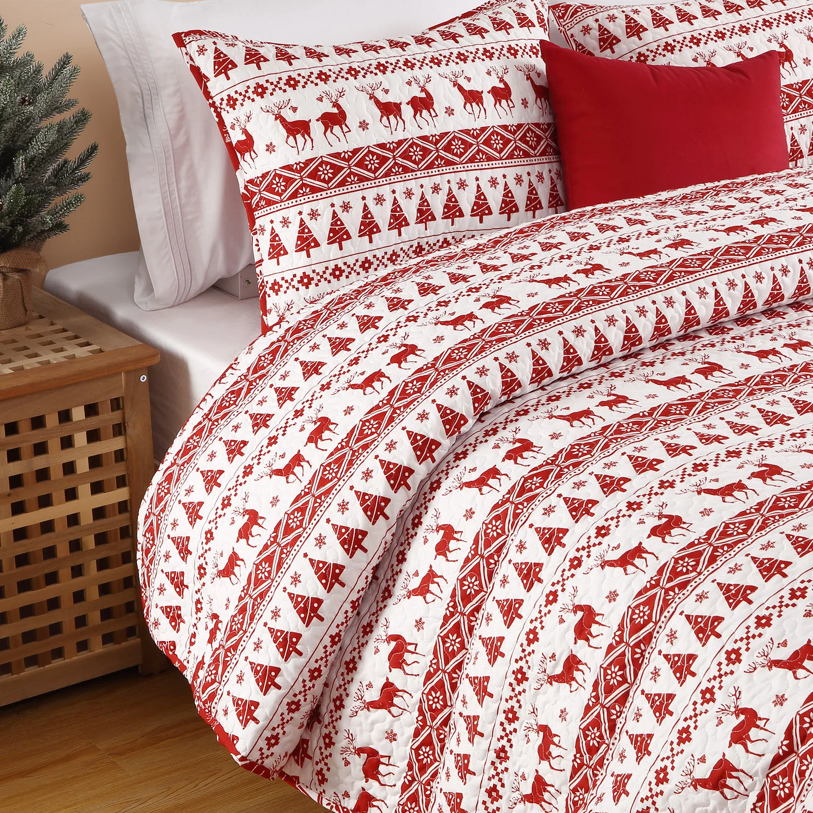 Christmas Quilt Set King Size - Boho Reversible Bedspread Coverlet Set with Christmas Tree Reindeer Snowflakes Printed Pattern image 4
