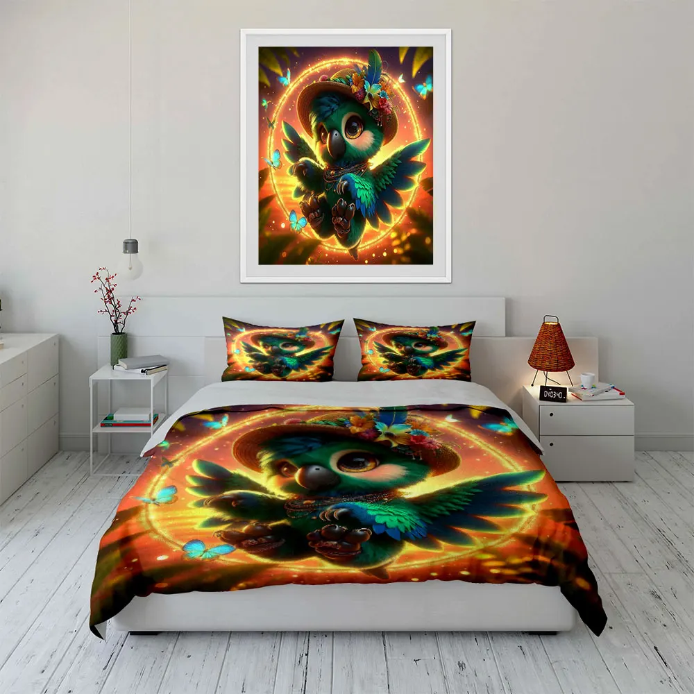 Vibrant parrot with floral hat flying Duvet Cover Set with 3D Printing Design Soft Polyester Bedding Set All-Season Comfort