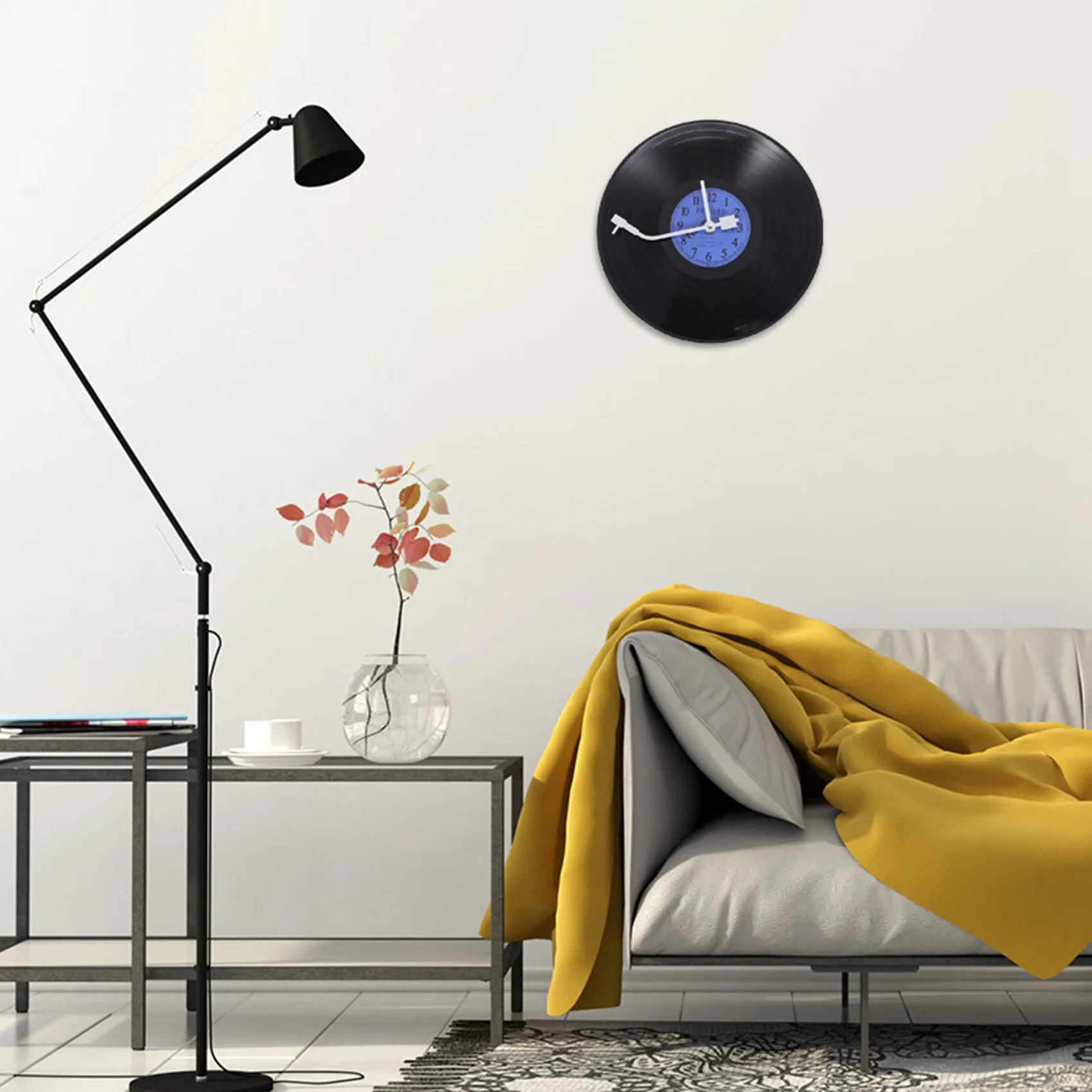 Quartz Round Retro Wall Clock Art Design Kitchen Living Room Home Decoration Vinyl Record Clock Blue + Black Plastic HOT