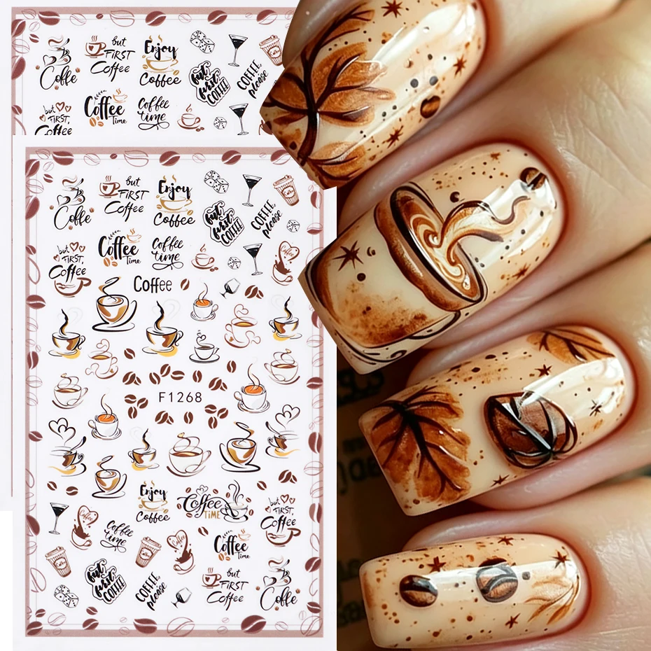 2pcs Coffee Nails Art Stickers Cartoon Coffee Bean & Coffee Cup Pattern Autumn Nail Art Decals Fall Thanksgiving Nail Art Decor