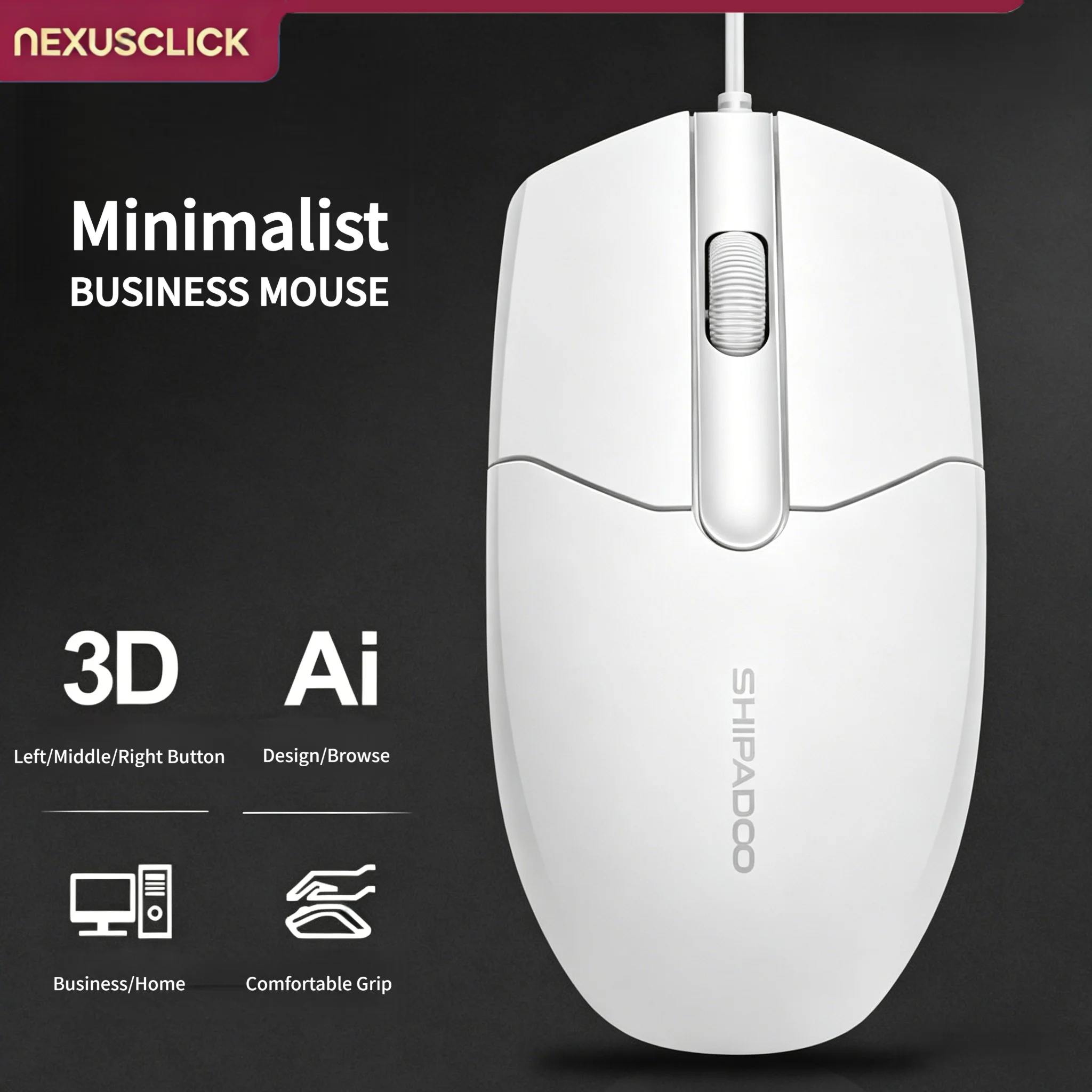 Durable Affordable USB Wired Mouse NexusClick, 3 Silent Buttons Optical Office Mice for Laptop PC Daily Home & Gaming Use