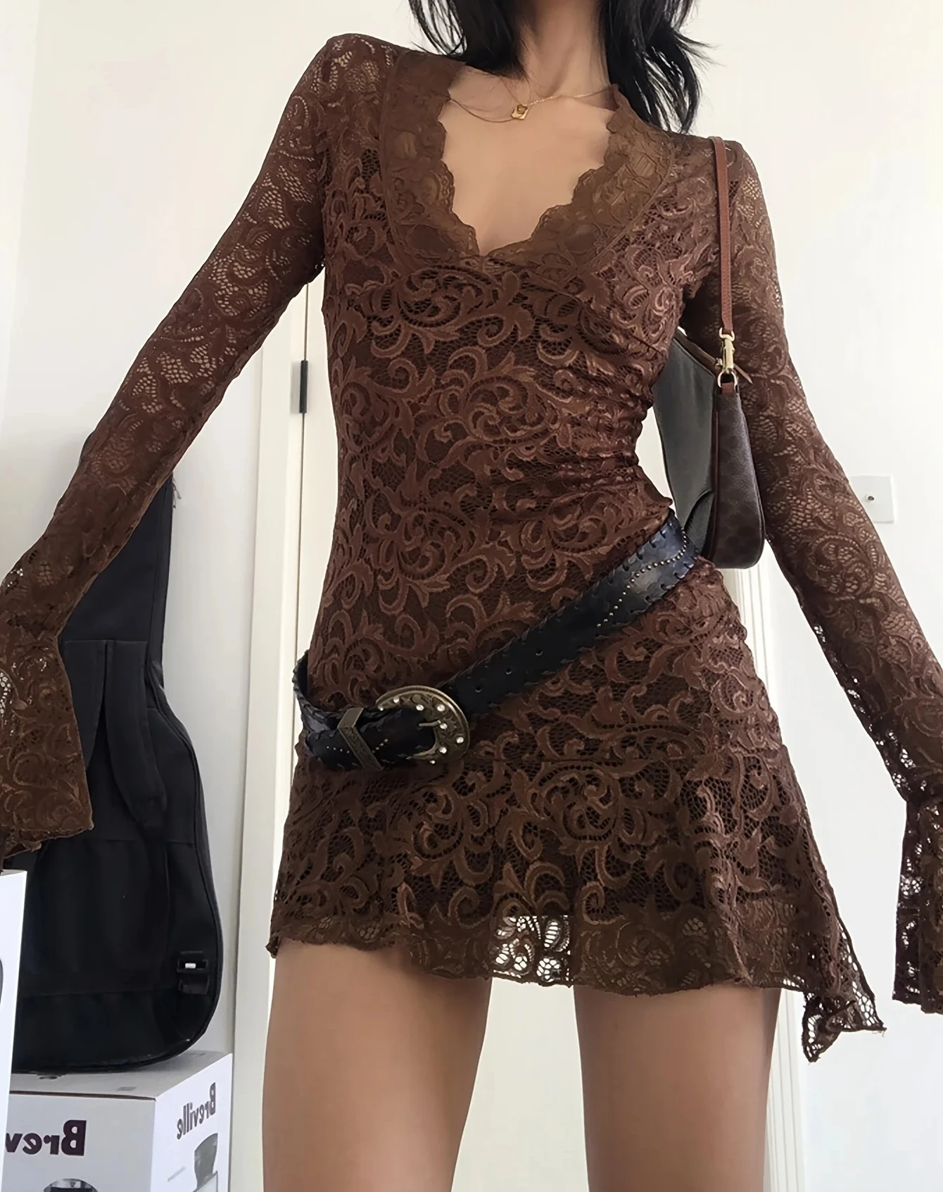 Summer  Women's Dresses Sexy Sheer Mesh Lace Bodycon Dress Flared Long Sleeve V-Neck Mini Dress