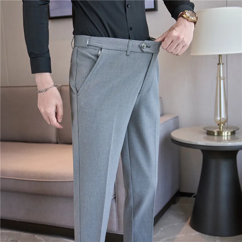 Waist can be stretched, solid color business casual men's slim small foot pants, breathable, wear-resistant straight-leg pants.