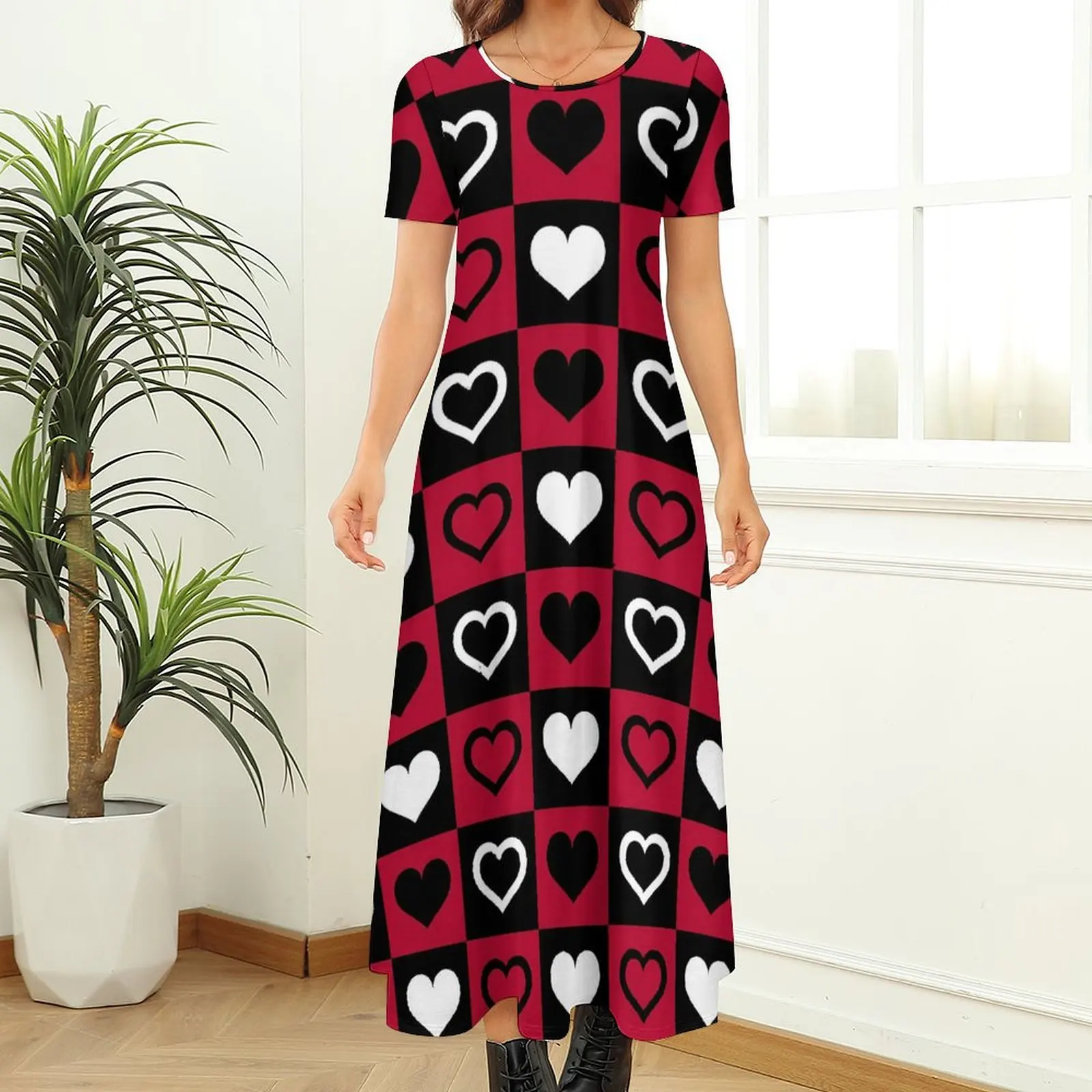 Red And Black Check Print Dress Heart Cute Maxi Dress Aesthetic Boho Beach Long Dresses Ladies Short Sleeve Big Size Vestido