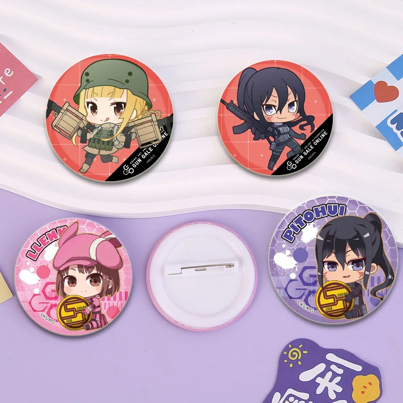 Gun Gale Online Tinplate Pins Round Cute Cartoon Snap-in Brooches for Backpack Cothes Accessories Anime Collection Badge Gifts