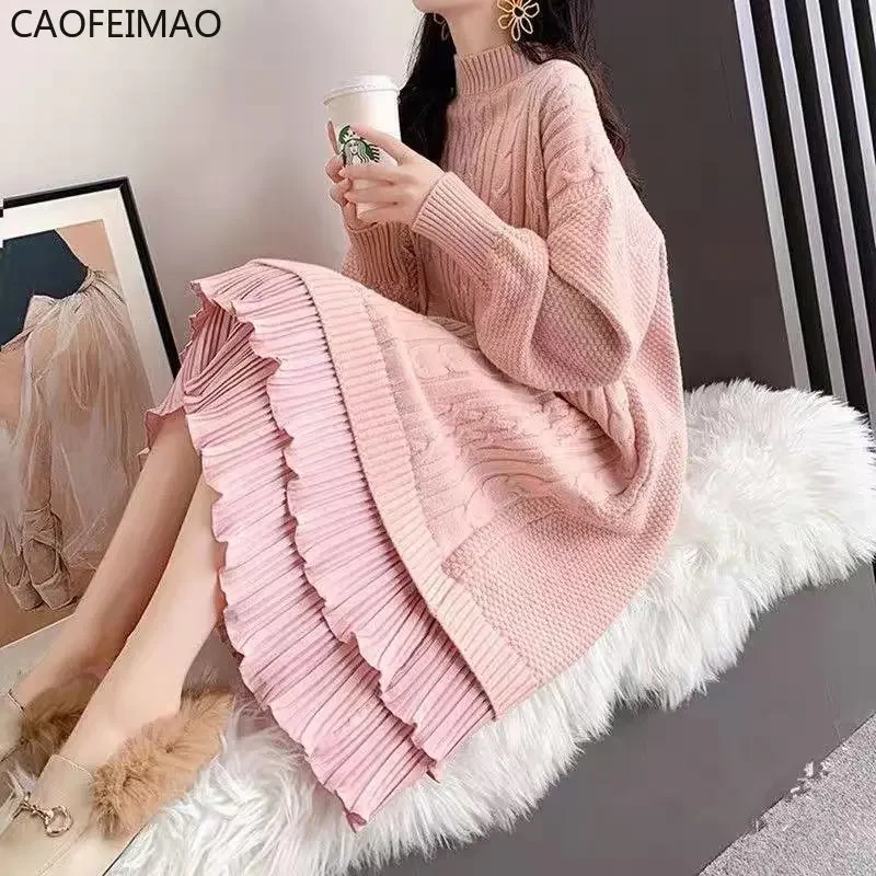 2025 Caofeimao Pregnant Women Spring Dress Fashion Lazy Autumn Knitted Temperament White Long Skirt Autumn and Winter Models