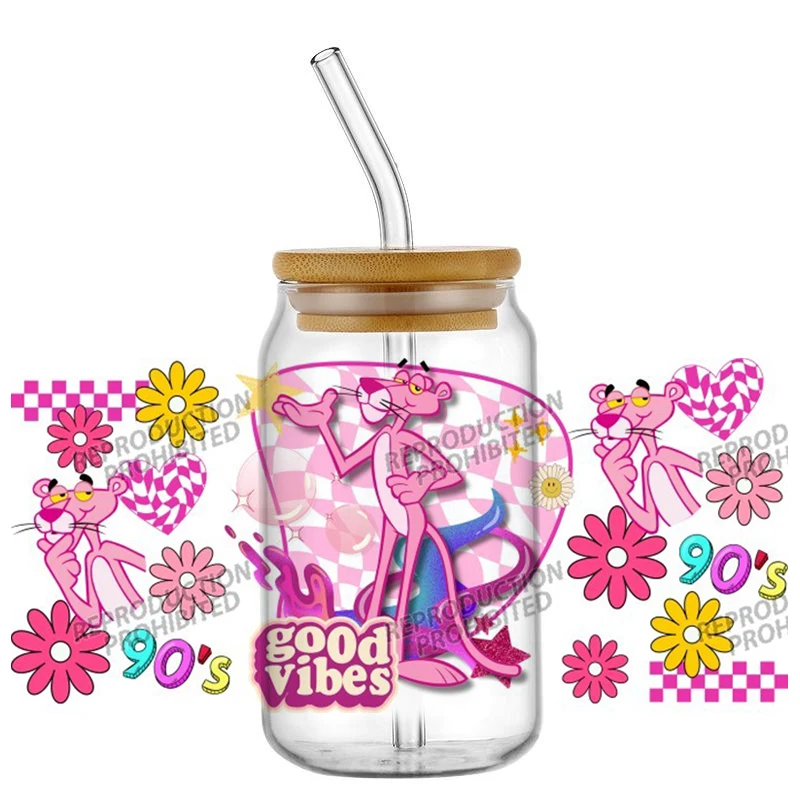 

New Arrival Animation characters Pink Panther 3D Sticker Decals UV DTF For 16oz Libbey Glass Cup Mug Coffee Car Wrap DIY