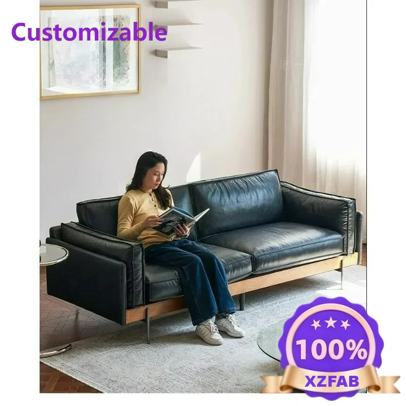 Factory Direct 2026 Sofa French retro oil wax leather sofa Italian minimalist three-person solid wood straight row small apartme